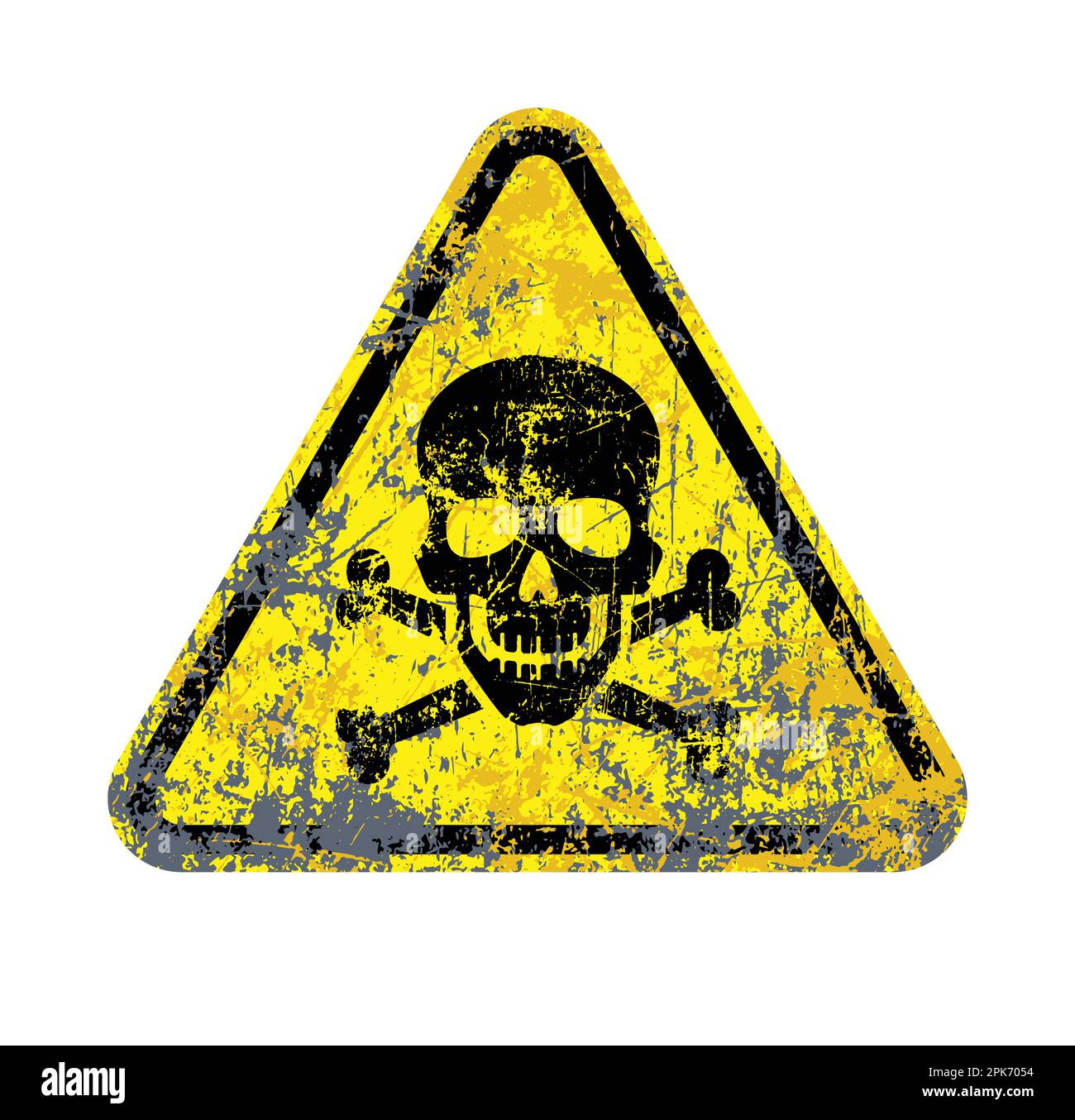 classic poison skull and crossbones in yellow warning danger triangle distressed grunge scratched symbol silhouette isolated on white background vecto Stock Vector