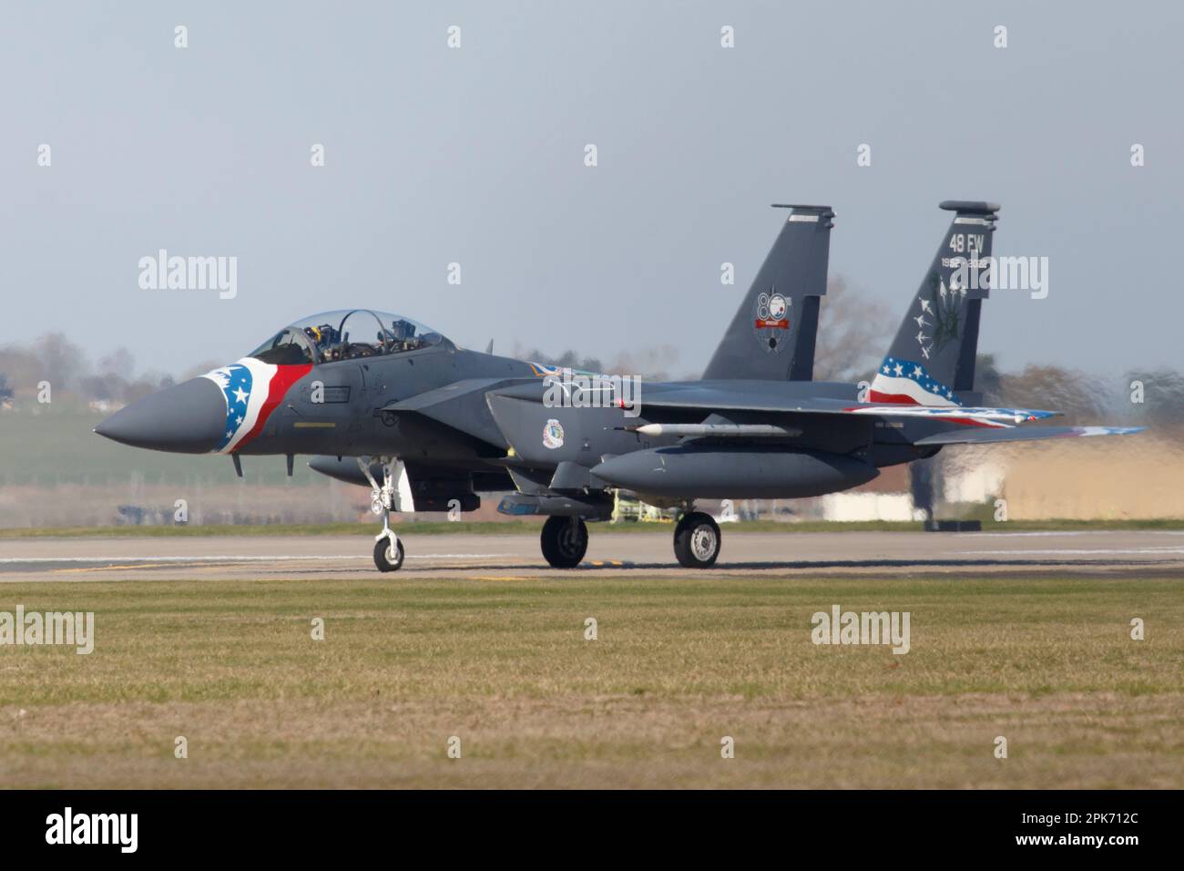 The liberty F-15E Strike Eagles takes off from RAF Lakenheath in Suffolk, 3rd April 2023 Stock Photo