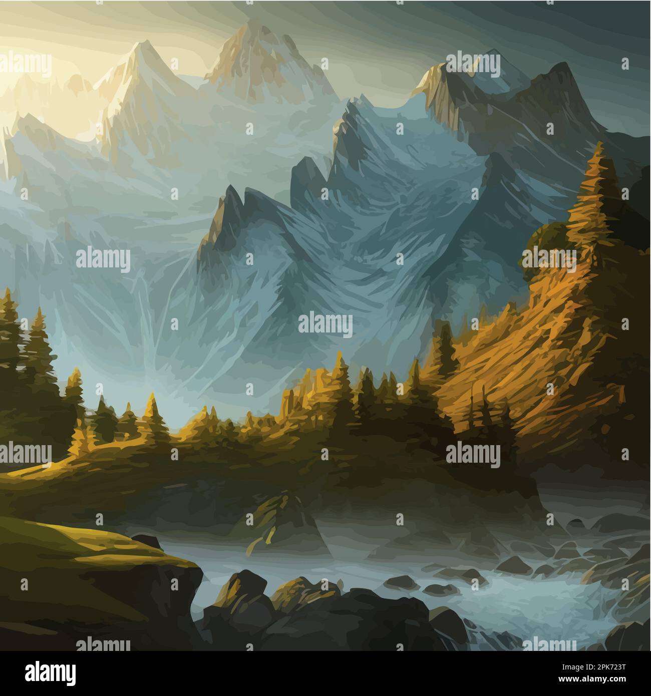 Incredible mountain landscape with forest and river. Vector