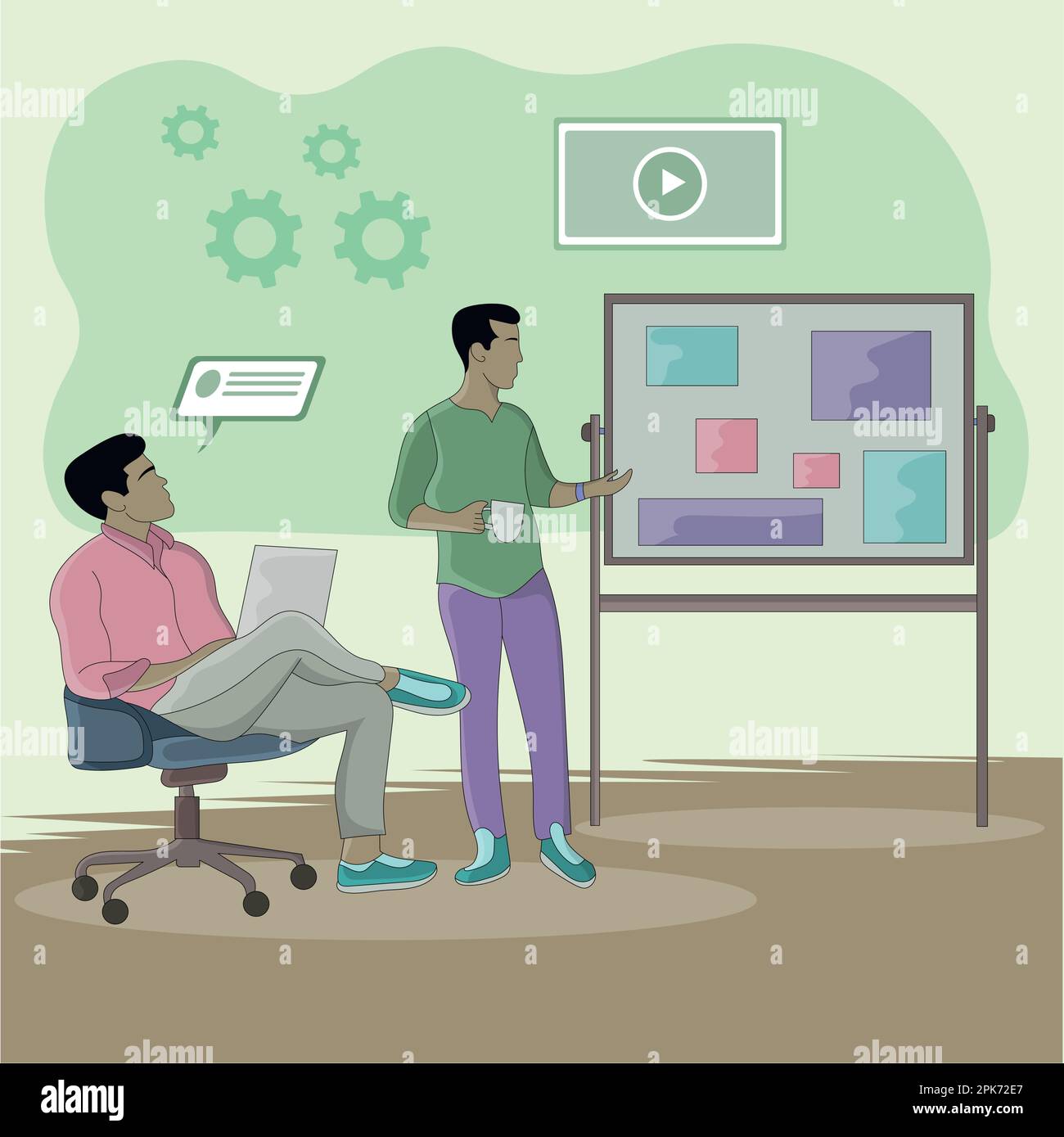 Flat design of two discussing men using a notice board Stock Vector