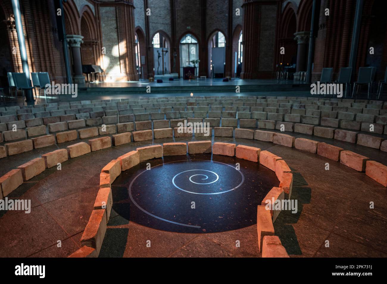 Berlin, Germany. 05th Apr, 2023. View of the walkable floor labyrinth in the HeiligKreuzKirche