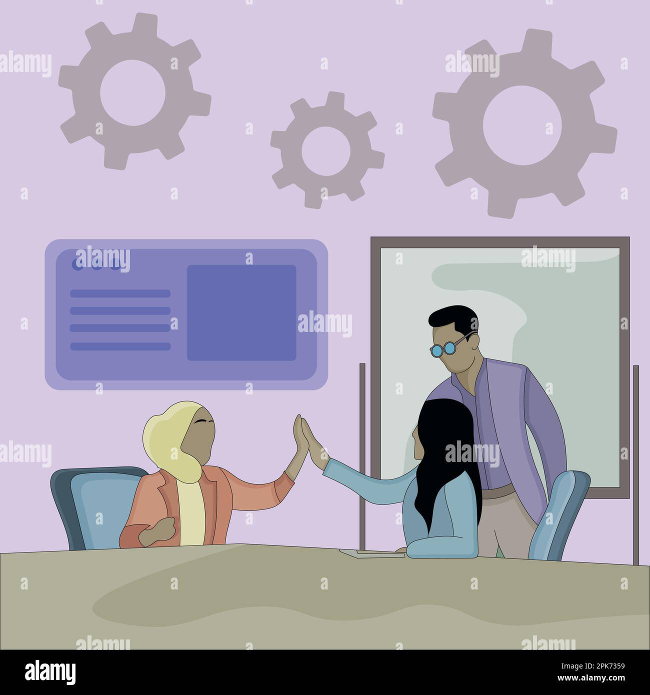 Flat design of a standing man and two seated women talking Stock Vector