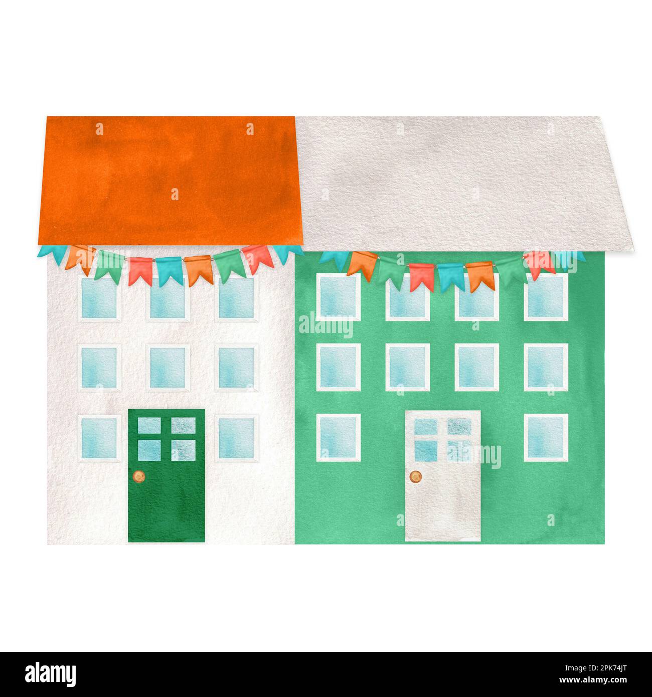 Two hand drawn watercolor colorful houses for printing design. A part of the big ICELANDIC set of illustrations Stock Photo
