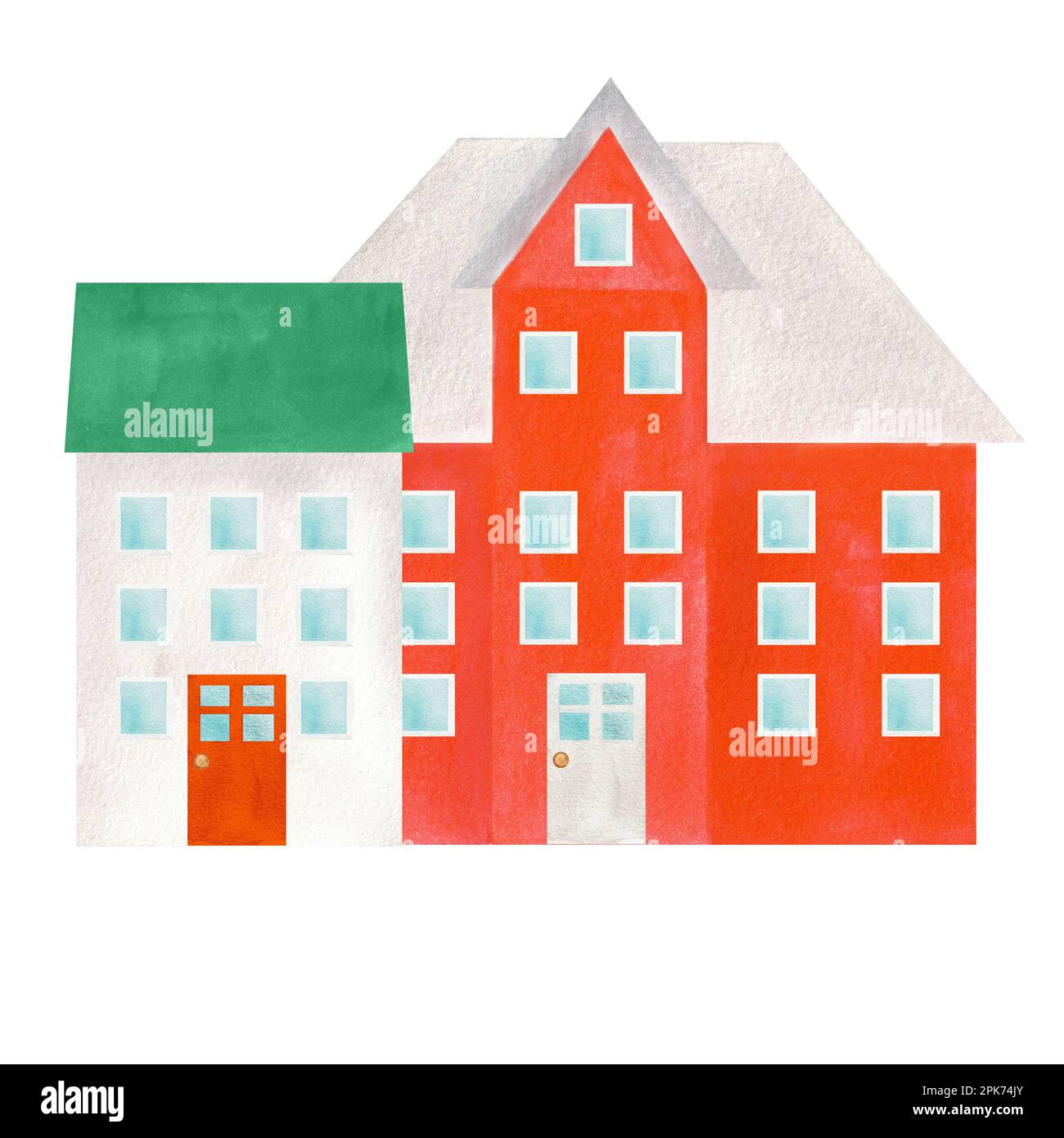 Two hand drawn watercolor colorful houses for printing design. A part of the big ICELANDIC set of illustrations Stock Photo