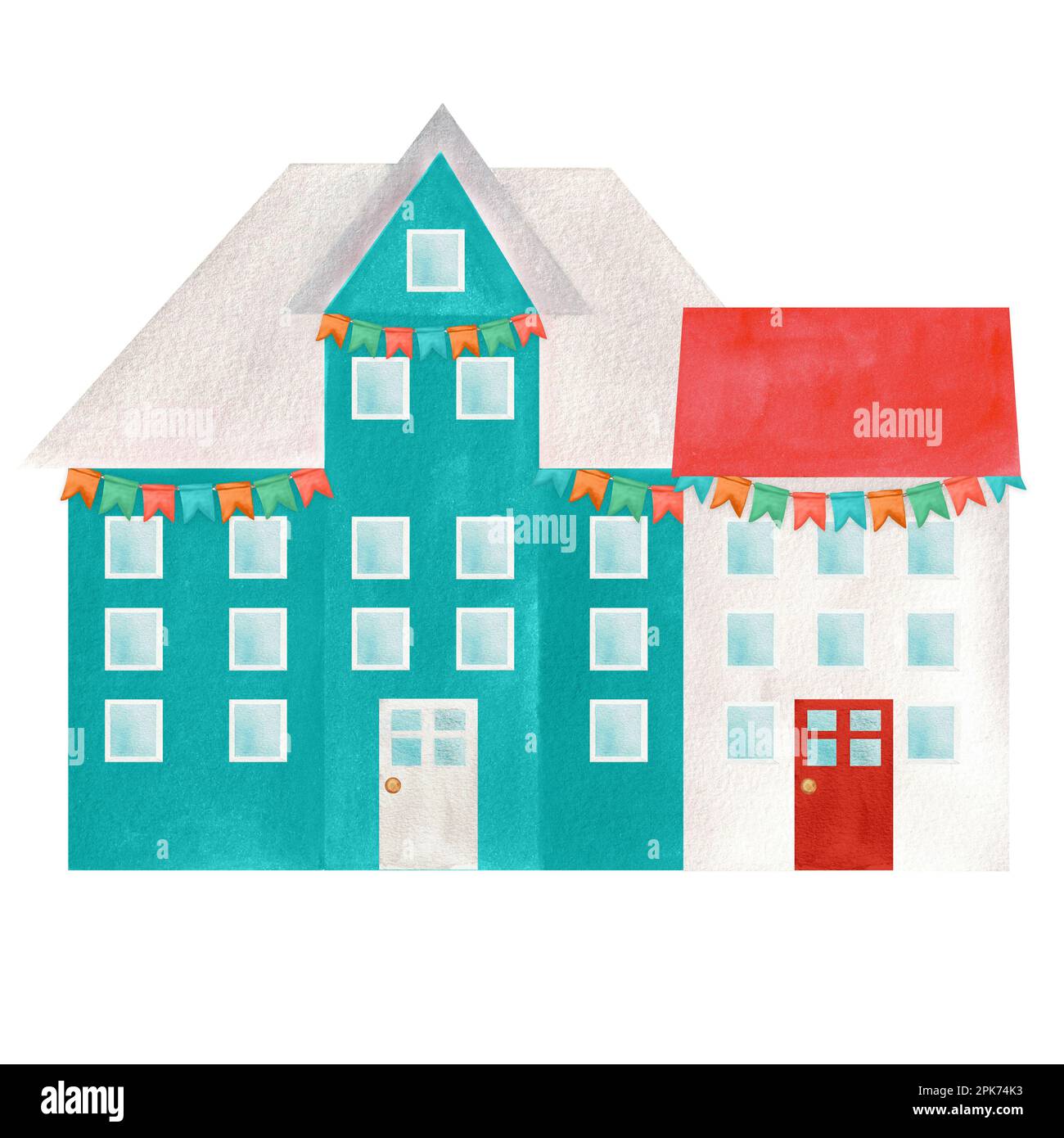 Two hand drawn watercolor colorful houses for printing design. A part of the big ICELANDIC set of illustrations Stock Photo