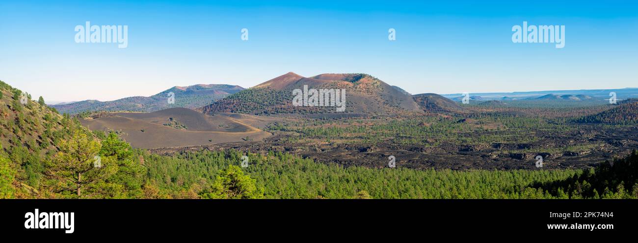 Prairie and mountains landscape, Sunset Crater National Monument, Arizona, USA Stock Photo