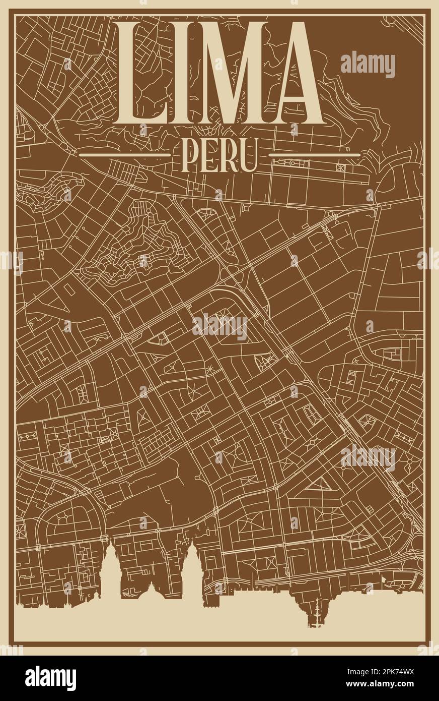 Road network poster of the downtown LIMA, PERU Stock Vector