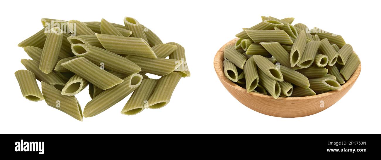 Green pea penne pasta isolated on white background . Organic food speciality. Gluten free Stock Photo