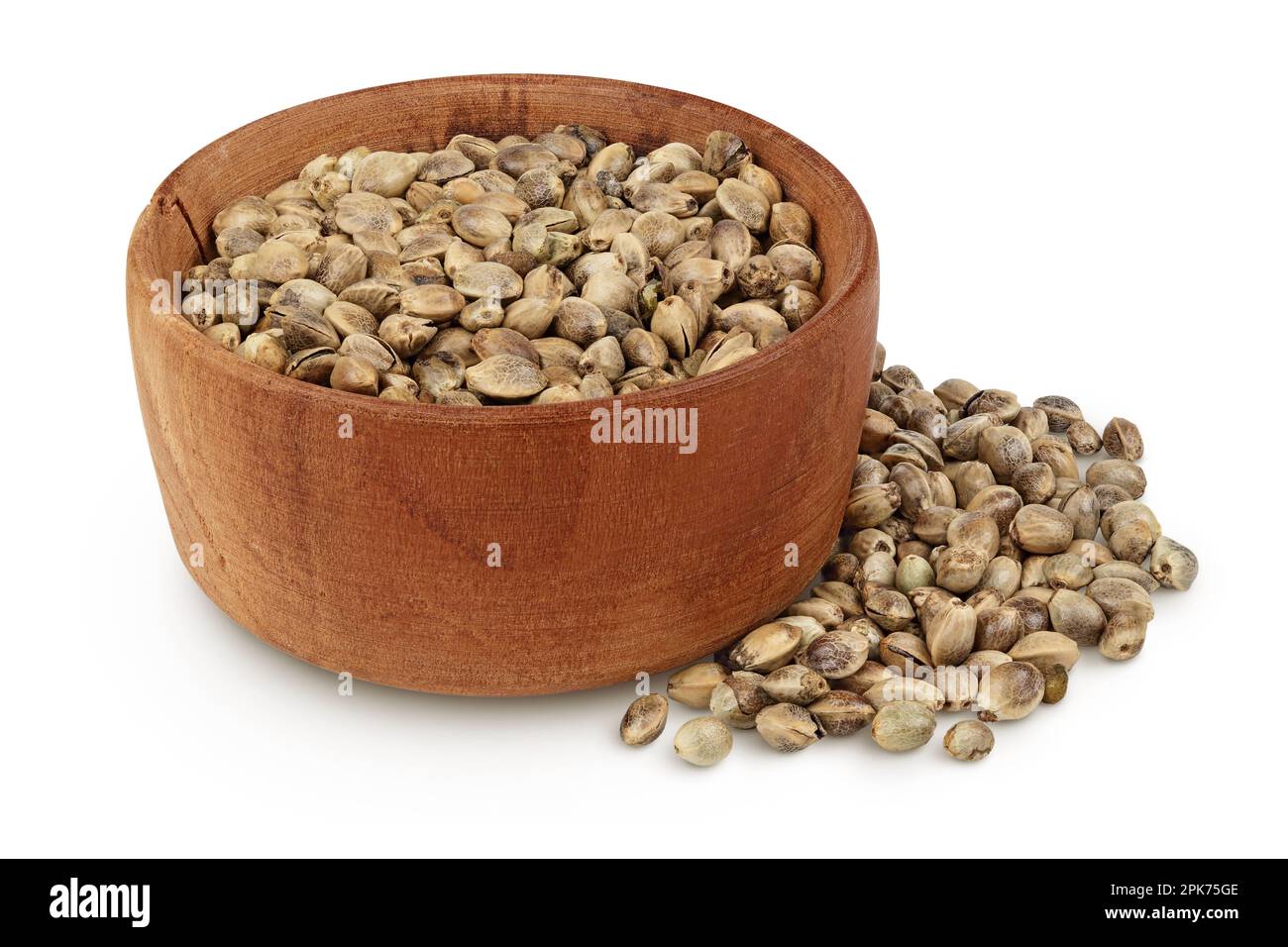 Hemp seeds in wooden bowl isolated on white background with full depth ...