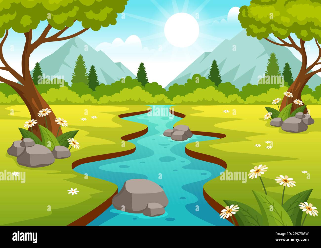 River Landscape Illustration with View Mountains, Green Fields, Trees