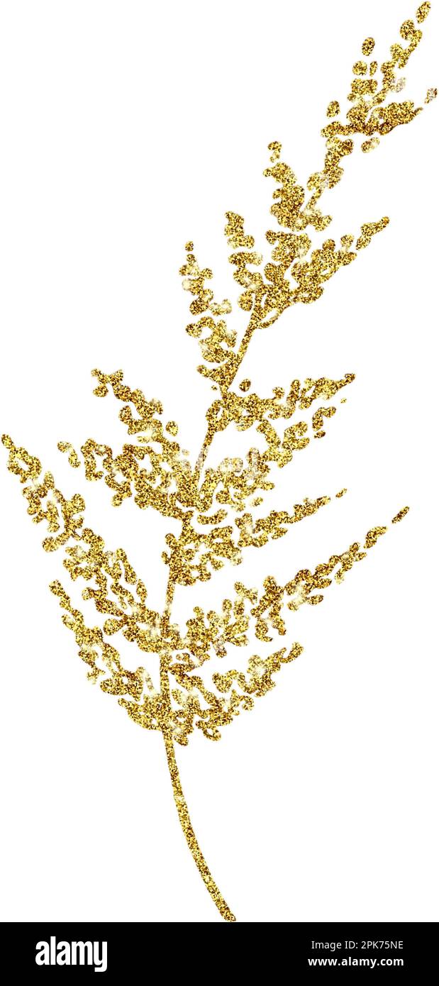 Hand-drawn golden branch with leaves, shiny, sparkling leaf of an abstract plant, astilbe flower, lavender Stock Photo
