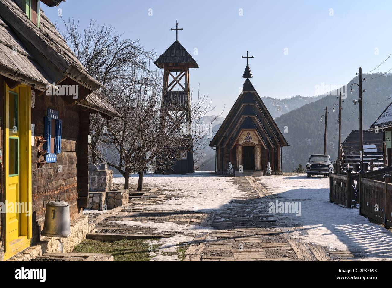 Mokra Gora, Serbia – February 2023: Ressort Drven Grad build by Emir Kusturica Stock Photo