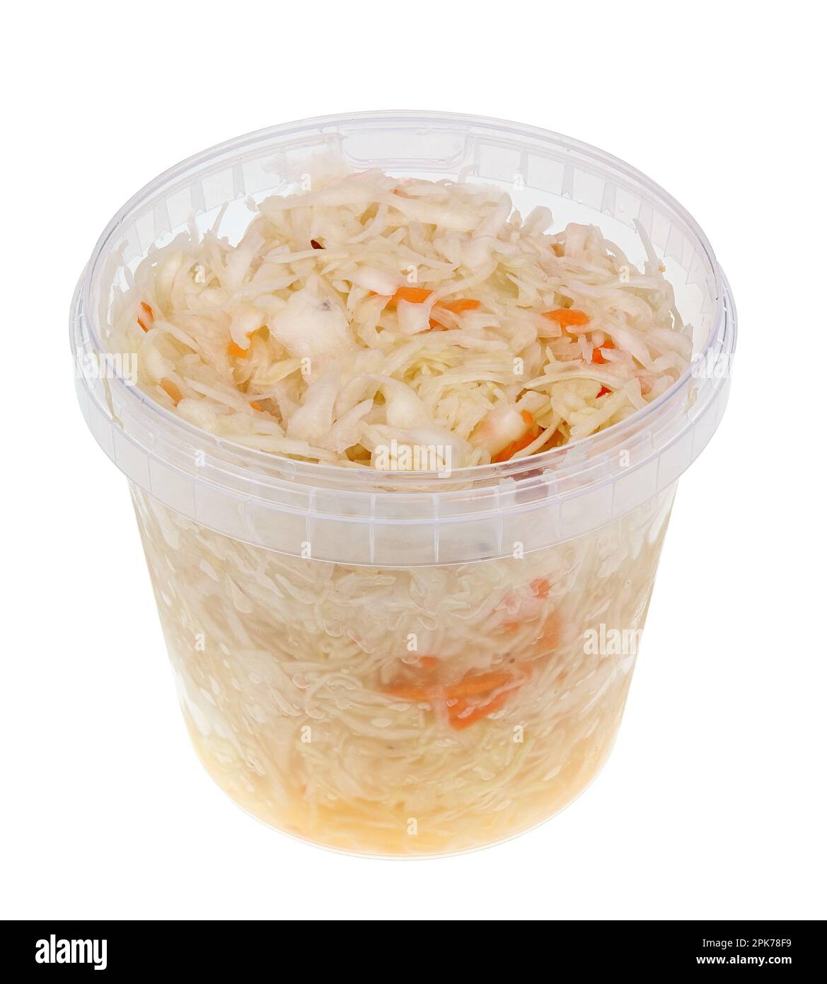Plastic container with homemade salted pickled cabbage. Isolated on white Stock Photo