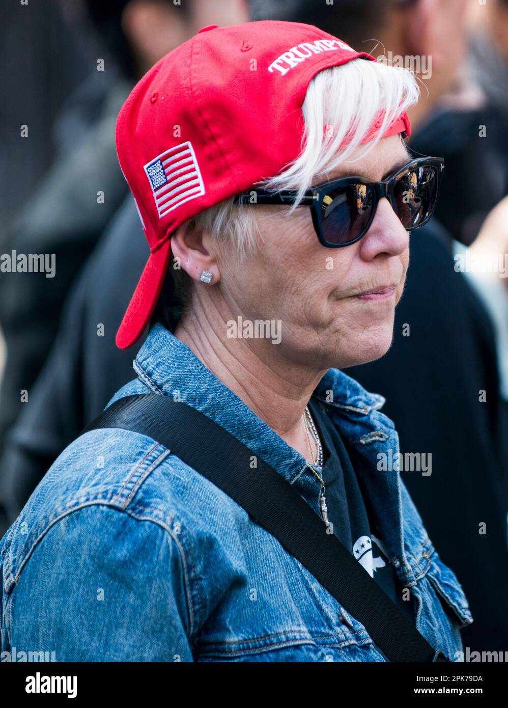 President Trump supporter wearing MAGA hat outside Manhattan Criminal Court House, NYC, USA, during his arraignment on 04 April 2023. Stock Photo