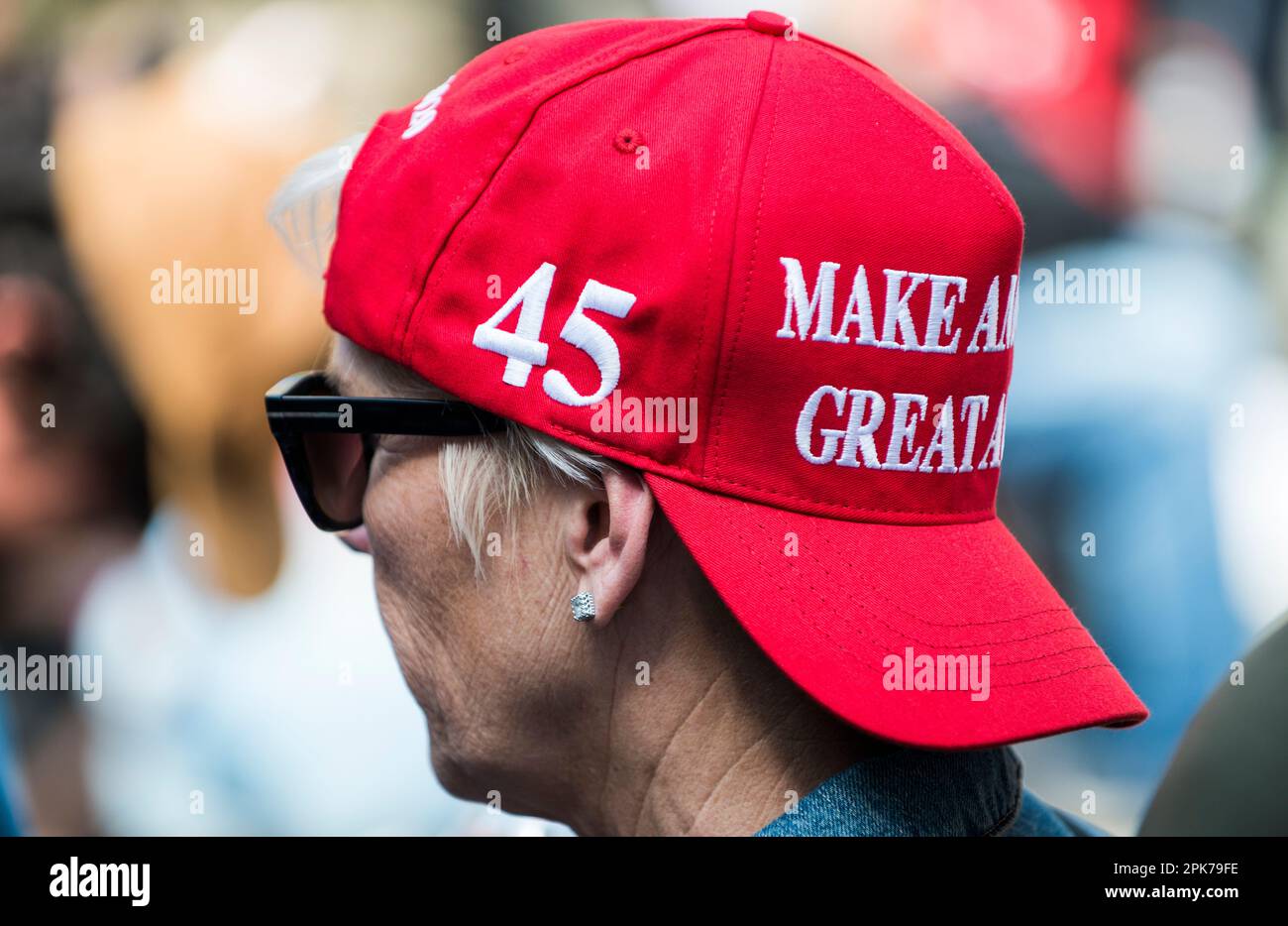President Trump supporter wearing MAGA hat outside Manhattan Criminal Court House, NYC, USA, during his arraignment on 04 April 2023. Stock Photo