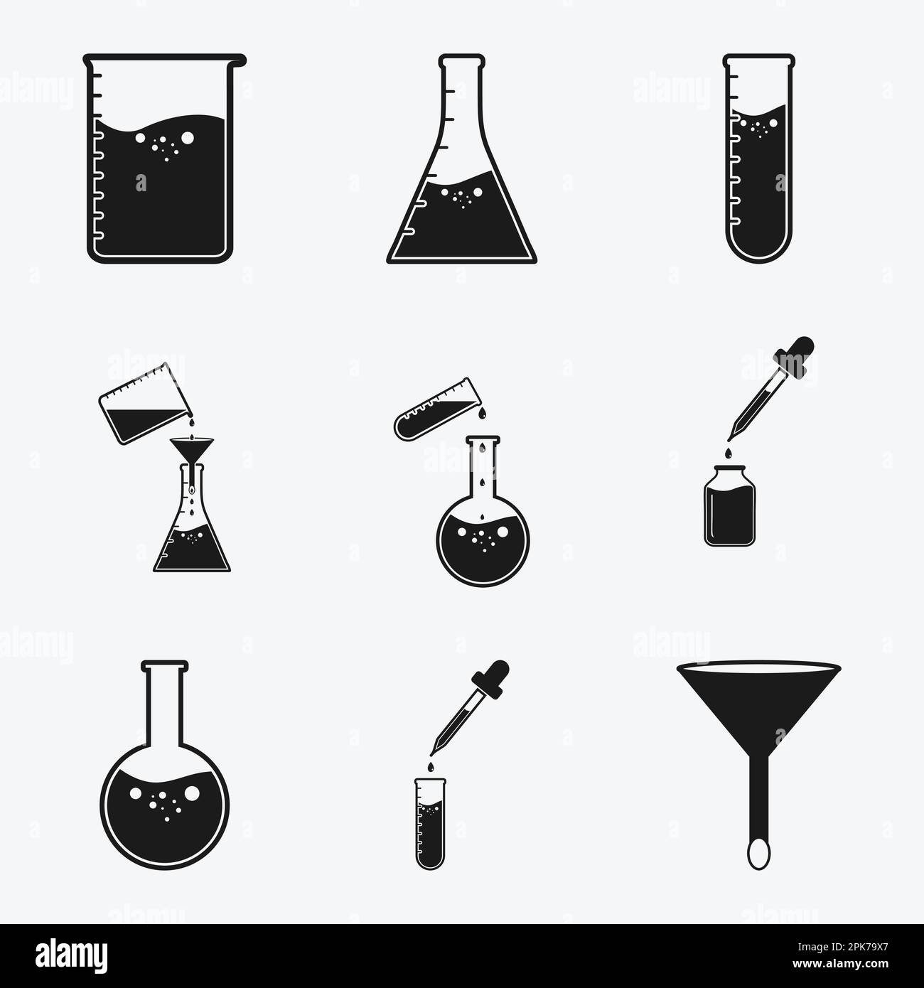 Chemical Laboratory Related Icons with flask, beaker, test tube, funnel