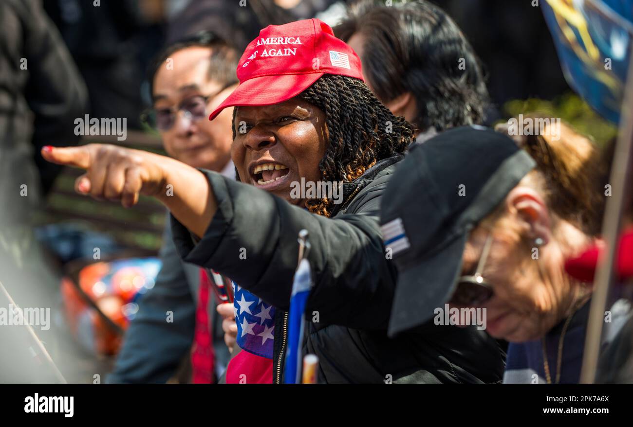 President Trump supporter wearing MAGA hat outside Manhattan Criminal Court House, NYC, USA. 04 April 2023. Stock Photo