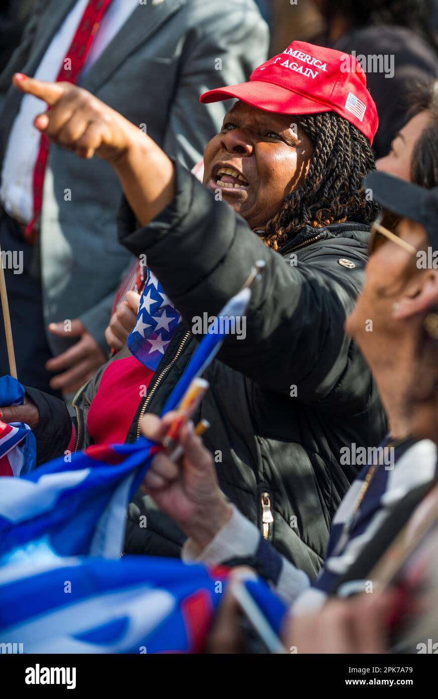 President Trump supporter wearing MAGA hat outside Manhattan Criminal Court House, NYC, USA. 04 April 2023. Stock Photo