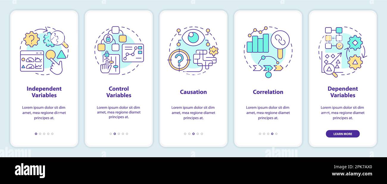 Causal research variables and principles onboarding mobile app screen Stock Vector