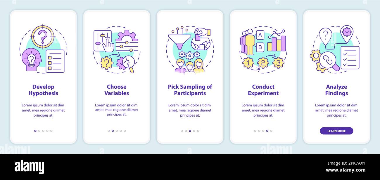 How to conduct causal research onboarding mobile app screen Stock Vector
