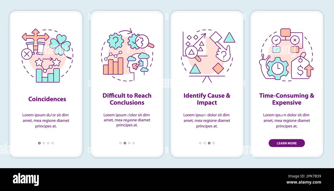 Causal research disadvantages onboarding mobile app screen Stock Vector