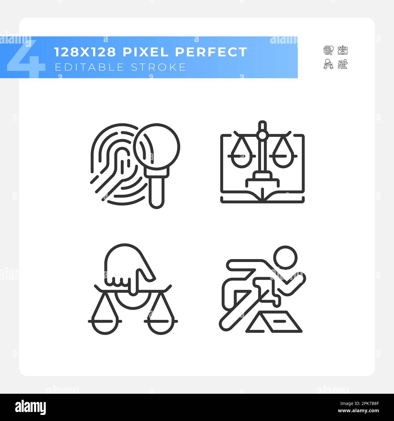 Crime evidences performing in court pixel perfect linear icons set ...