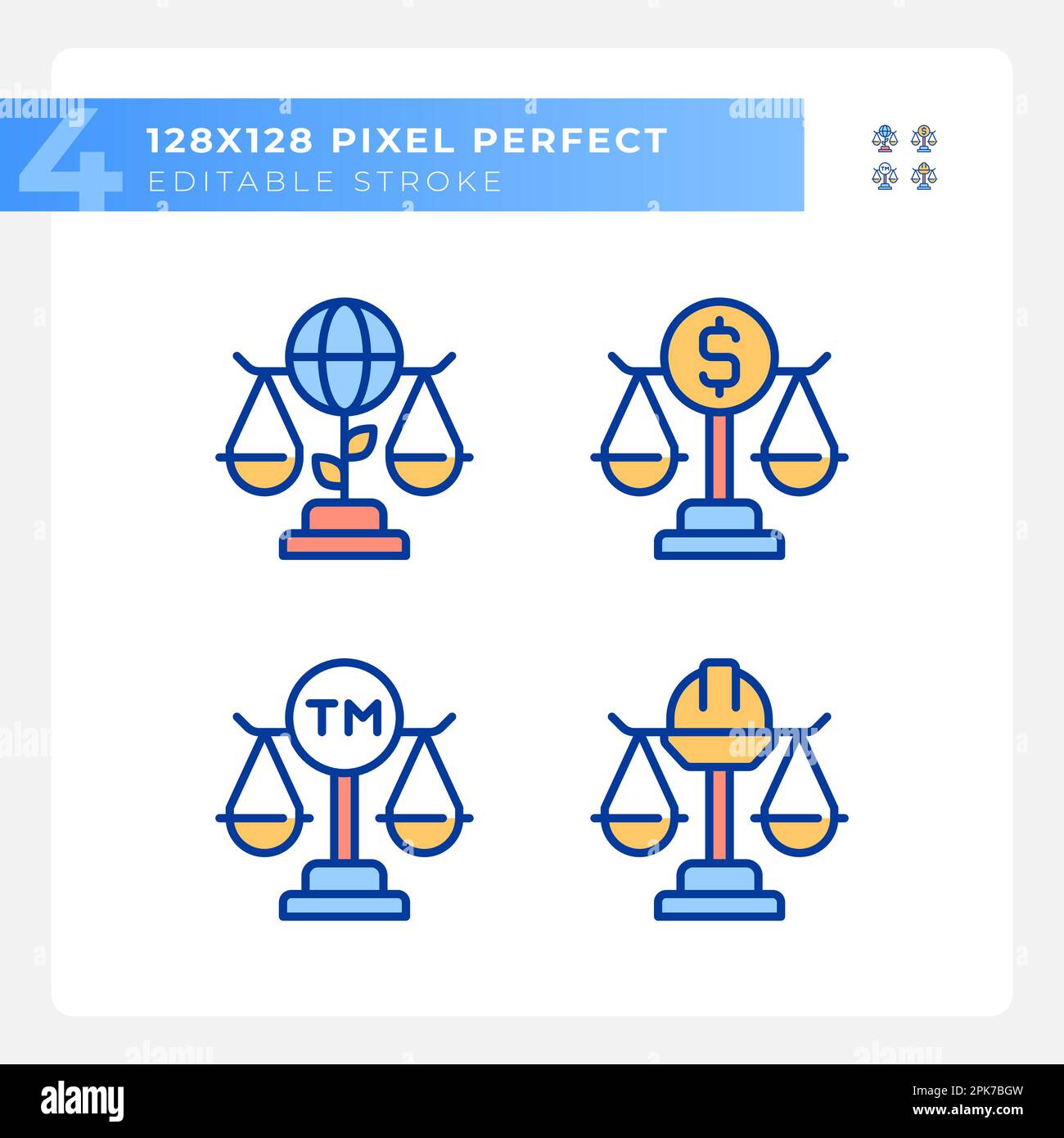 Law regulation in business and industry pixel perfect RGB color icons set Stock Vector