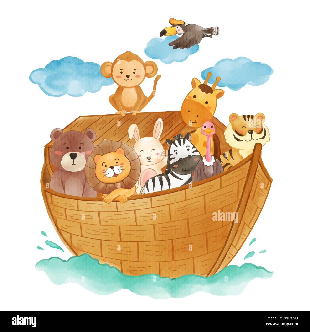 Noah 's ark with many wildlife animals . The flood concept . Realistic watercolor paint with paper textured . Cartoon character design . Vector . Stock Vector