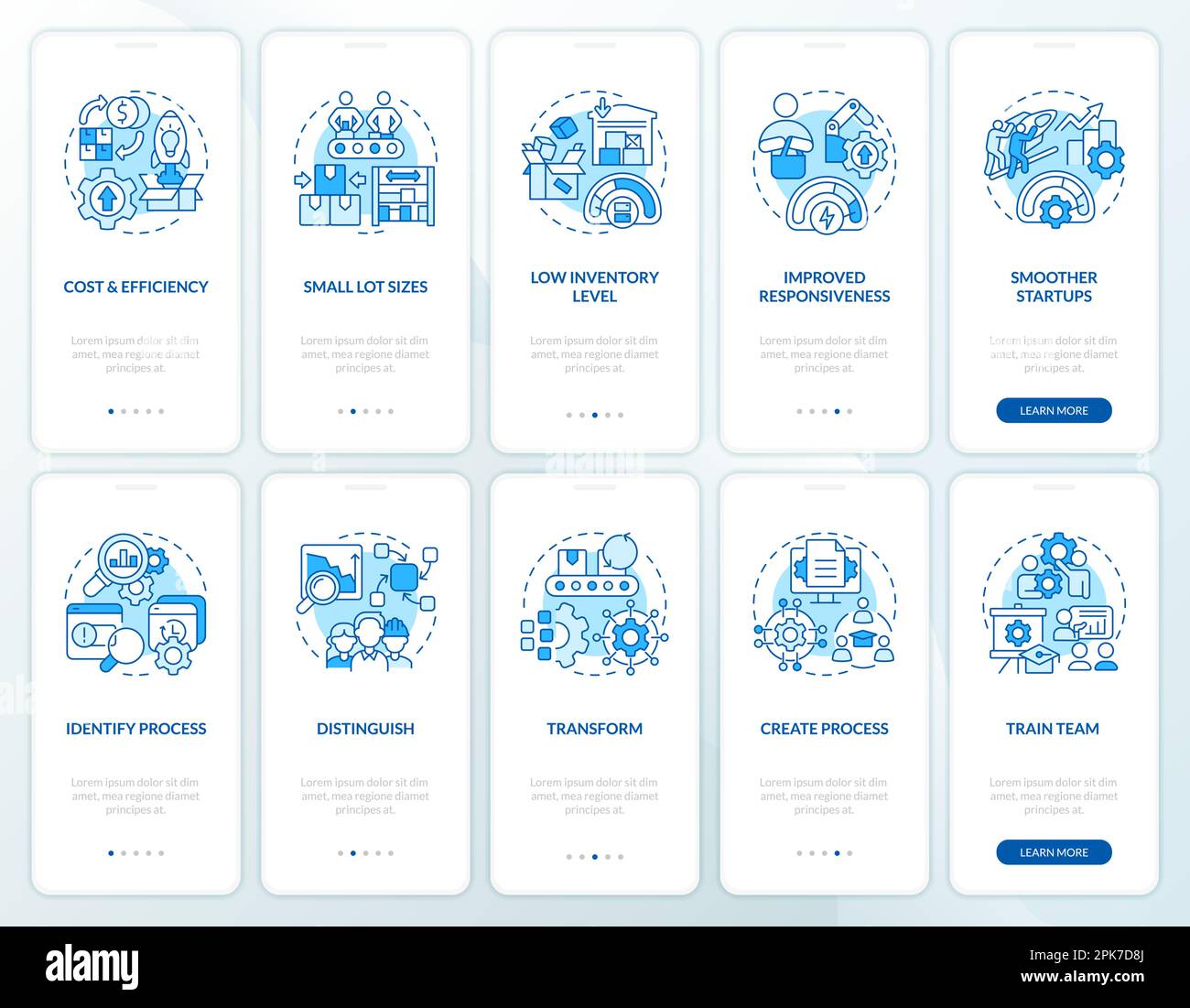 SMED system blue onboarding mobile app screen set Stock Vector