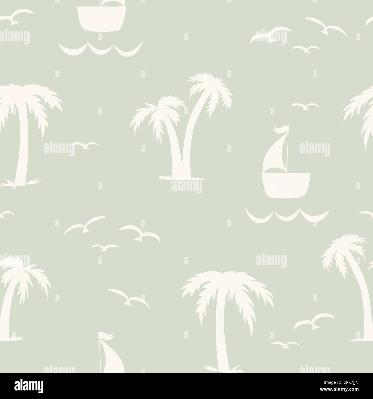 Seamless nautical pattern with silhouettes of palm trees and sailboats ...