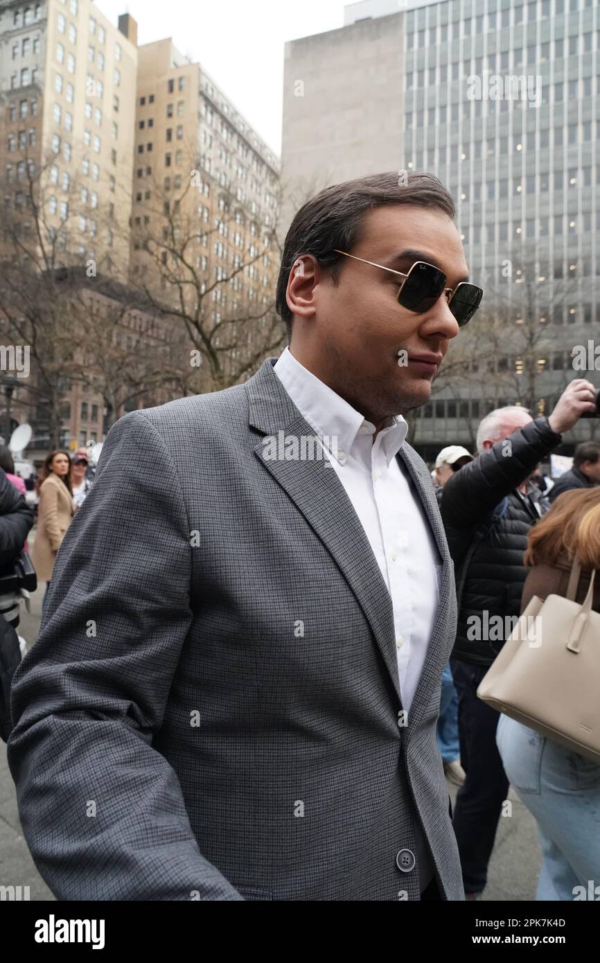 New York, USA. 3rd Apr, 2023. George Santos joins protestors and speaks with media and Trump supporters during a demonstration in support of Donald Trump prior to Trump's indictment, outside the New York criminal court building. (Credit Image: © Catherine Nance/SOPA Images via ZUMA Press Wire) EDITORIAL USAGE ONLY! Not for Commercial USAGE! Stock Photo