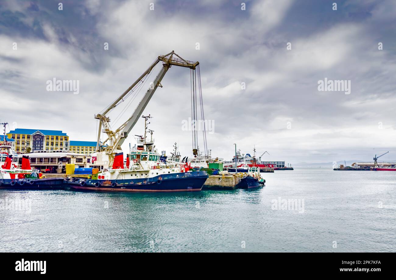 Cape Town, South Africa - March 8, 2023: Shipyard docks at V and A Waterfront Harbour Stock Photo