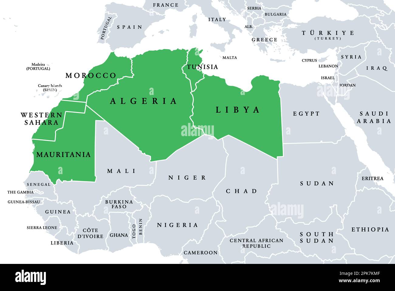 Maghreb, Arab Maghreb or also Northwest Africa, political map. Part of the Arab World. Algeria, Libya, Morocco, Mauritania, Tunisia, Western Sahara. Stock Photo