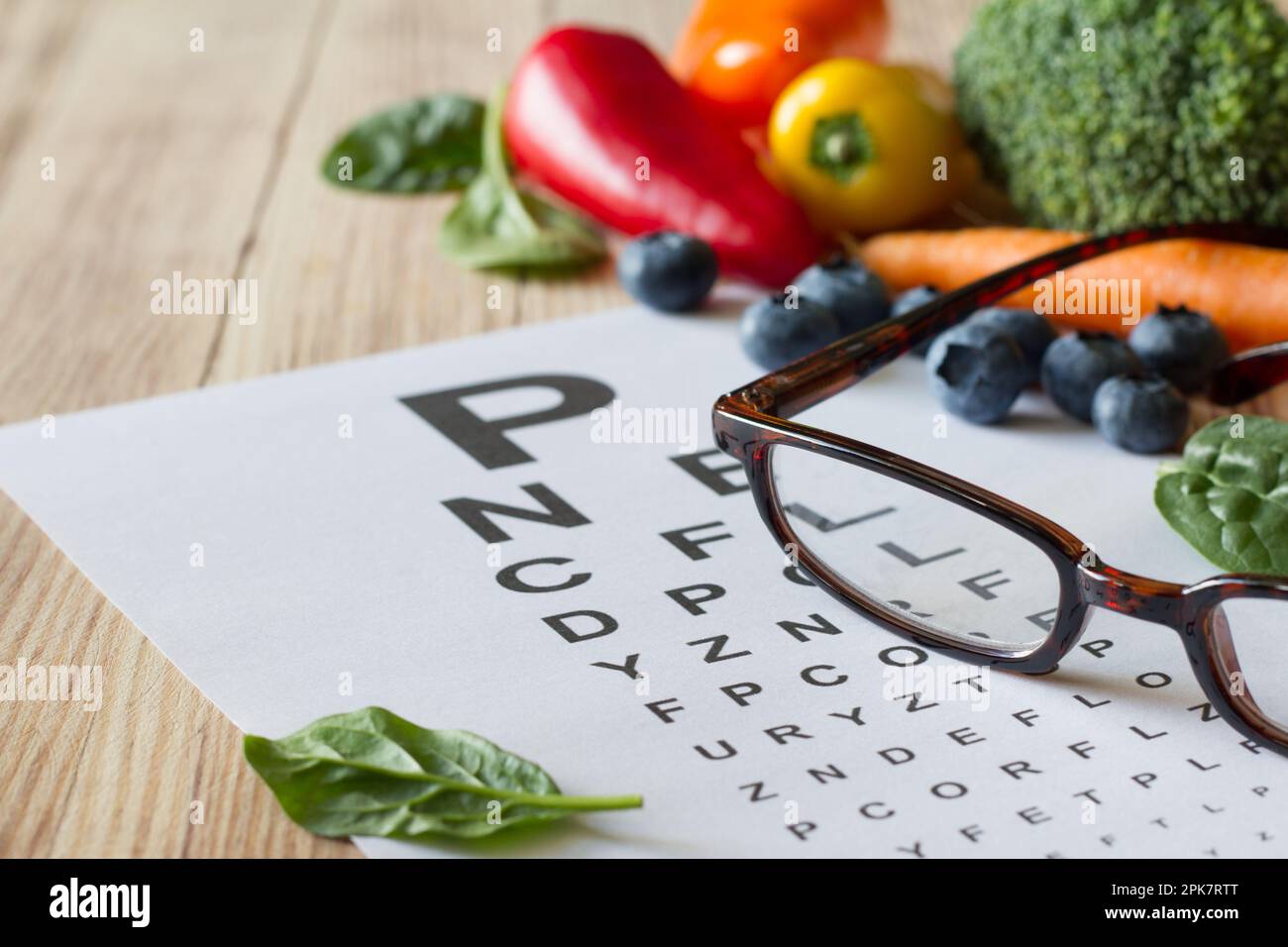 Food for eyes health, colorful vegetables and fruits, rich in lutein, eyeglasses and eye test chart on wooden background, concept Stock Photo