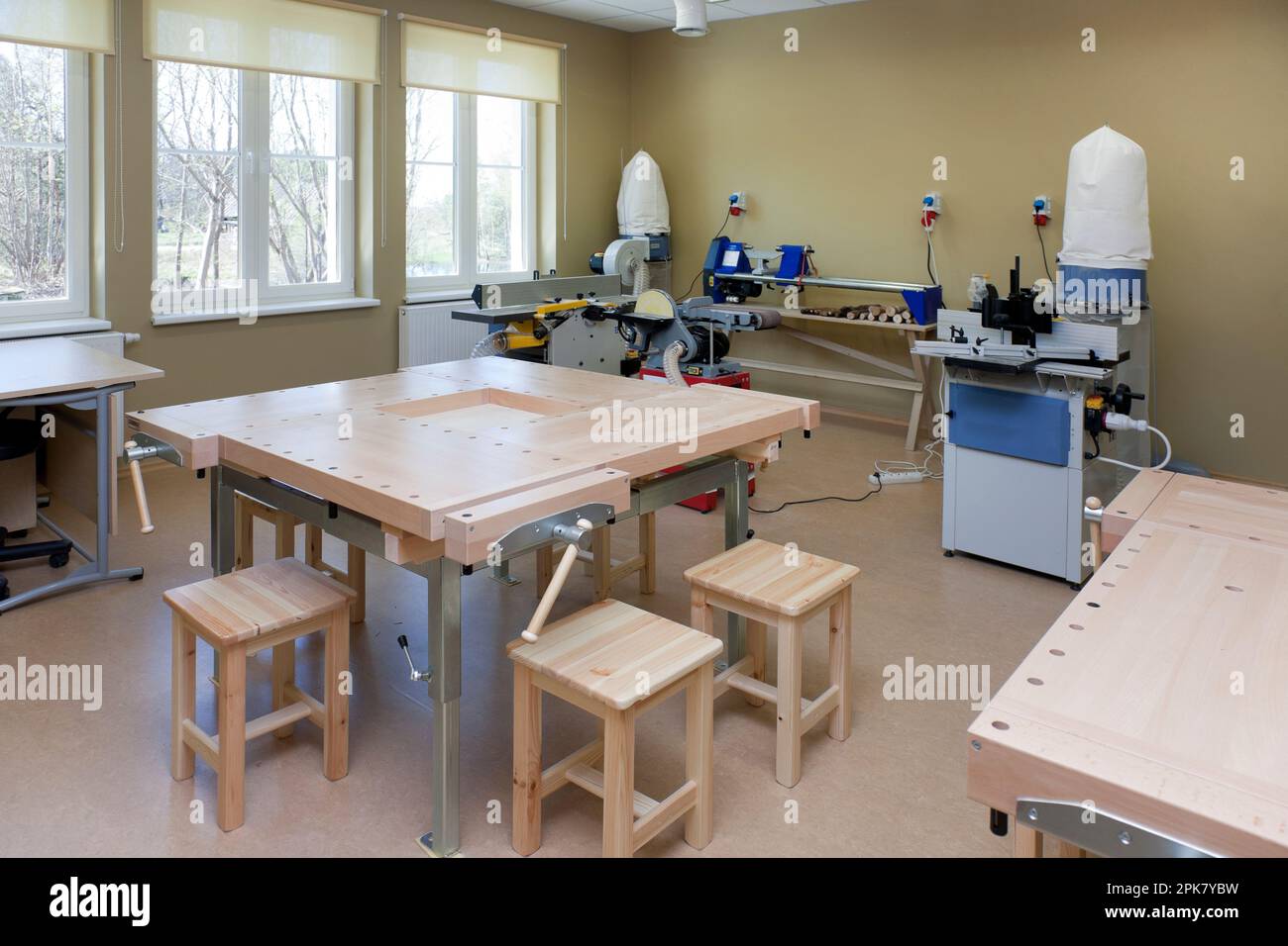 A school classroom with woodworking equipment, machinery and light engineering equipment, for vocational training. Stock Photo
