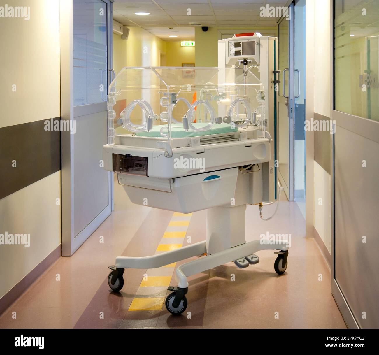 An incubator crib in a paediatric intensive care unit in a university