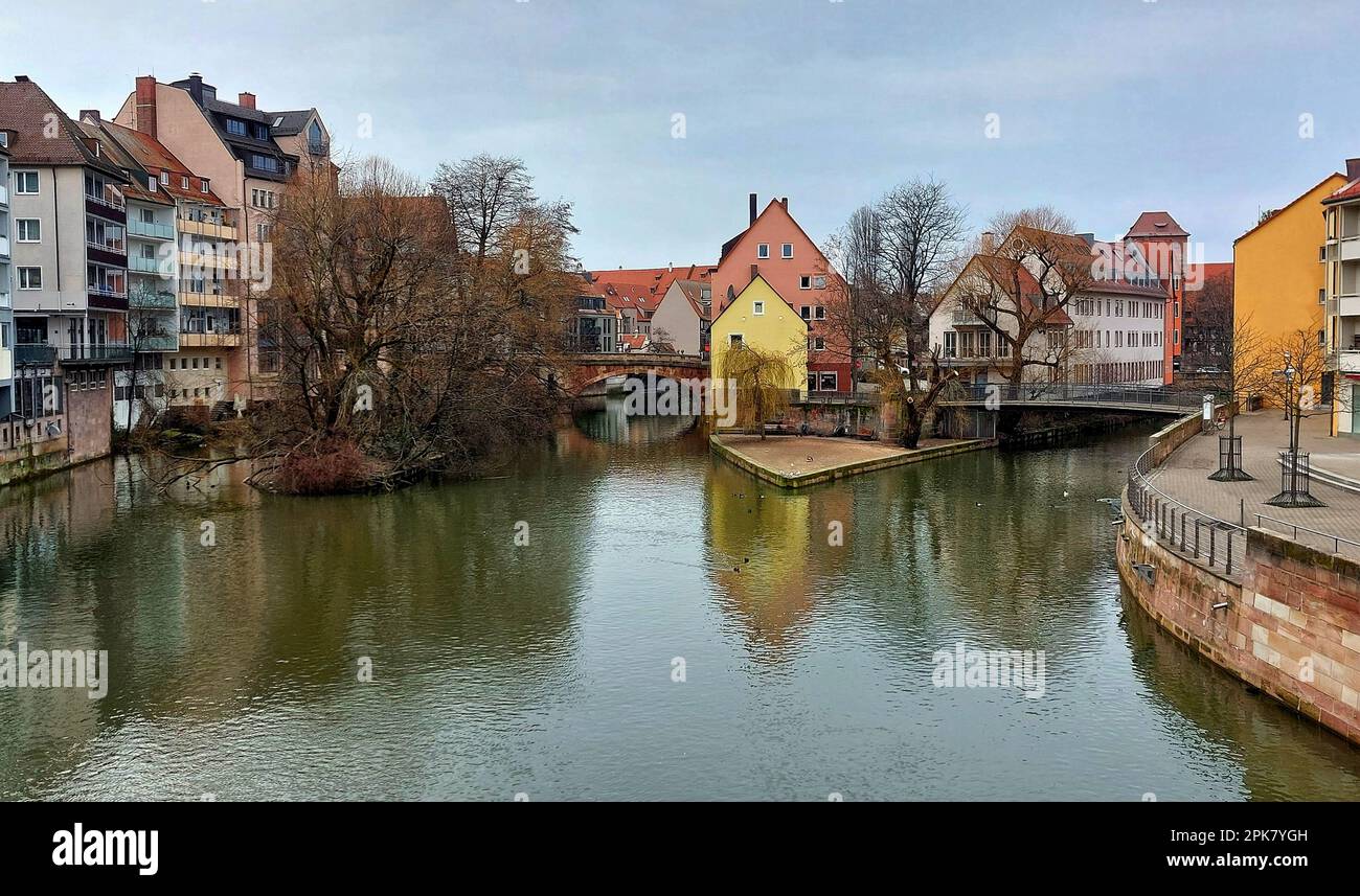 Scenic view over Pegnitz River in Nuremberg, Germany. Stock Photo