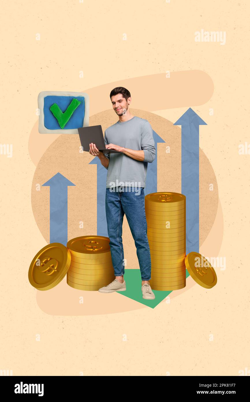 Poster banner image collage of economist young guy using netbook count  income on crypto financial trade Stock Photo - Alamy