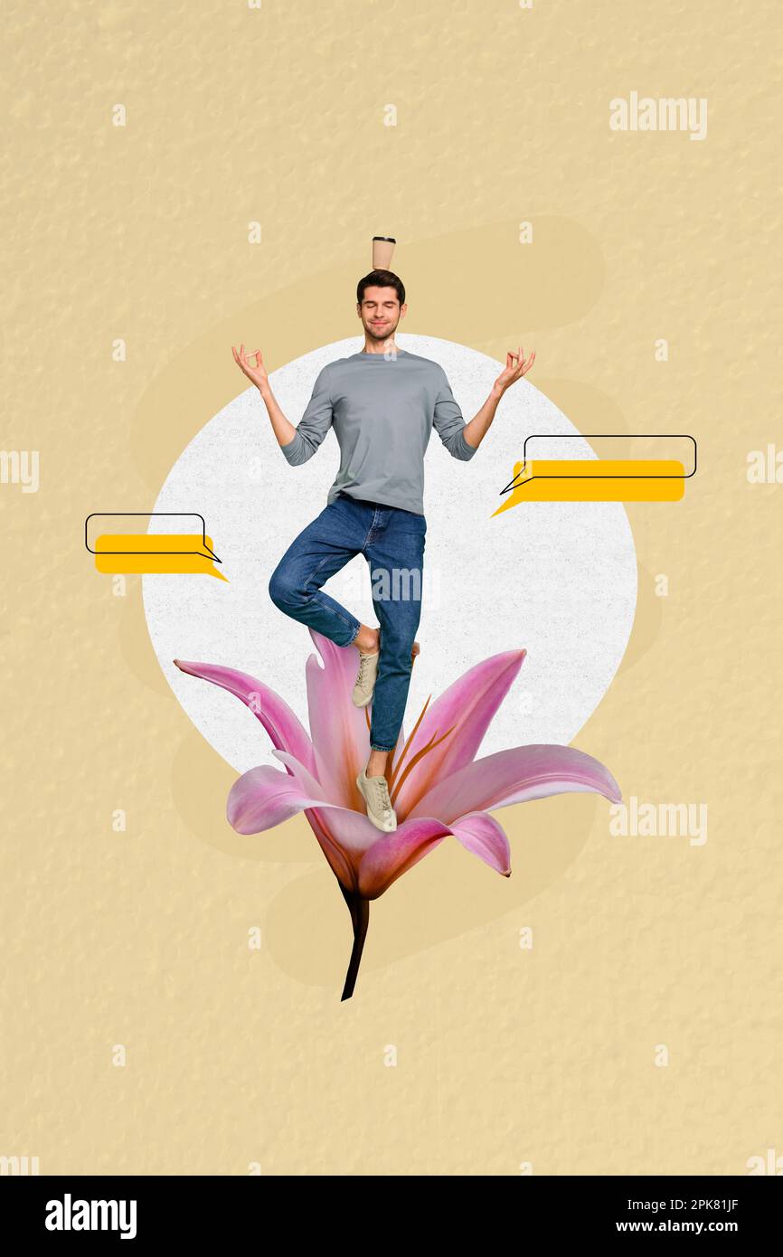 Calm Collage Example Vertical collage picture of mini calm positive guy stand huge flower ...