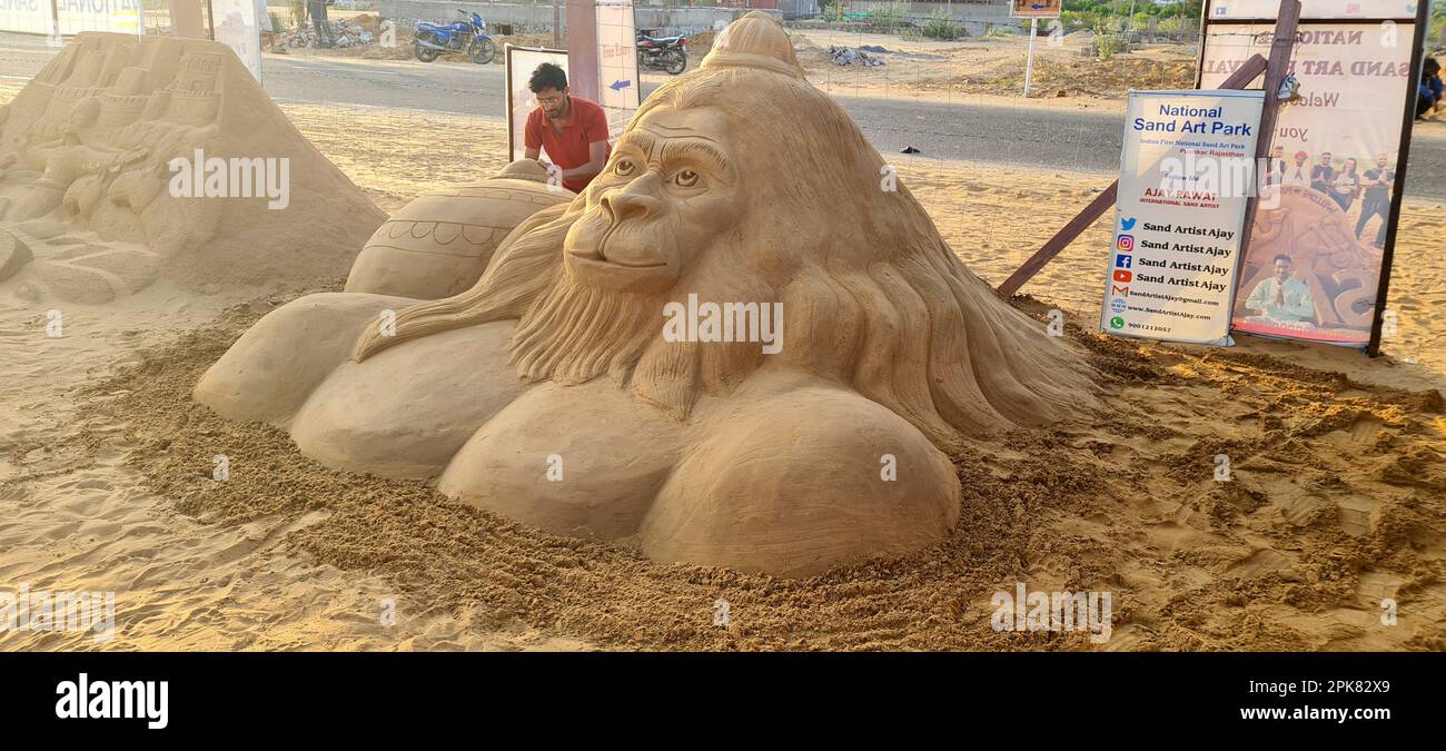 A sand art of Lord Hanuman created by sand artist Ajay Rawat on the occasion of Hanuman Jayanti (birth anniversary) in Pushkar. (Photo by Sumit Saraswat/Pacific Press) Stock Photo