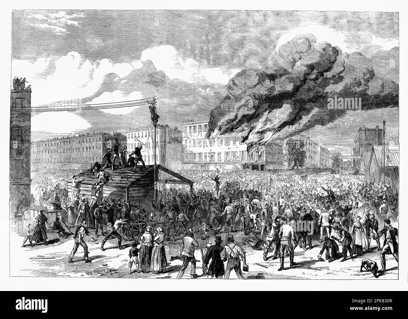 A Mob burning the Provost Marshall's Office during the New York City draft riots (July 13–16, 1863), sometimes referred to as the Manhattan draft riots, were violent disturbances in Lower Manhattan, widely regarded as the culmination of white working-class discontent with new laws passed by Congress that year to draft men to fight in the ongoing American Civil War. The riots remain the largest civil and most racially charged urban disturbance in American history. Stock Photo