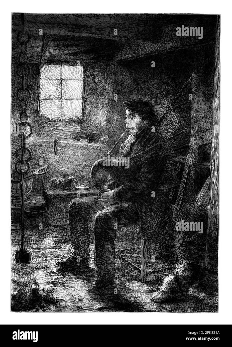 The Highland Piper by John Isaac Richardson (1836-1913). The Great Highland bagpipe 'the great pipe') is a type of bagpipe native to Scotland, and the Scottish analogue to the Great Irish Warpipes. Stock Photo