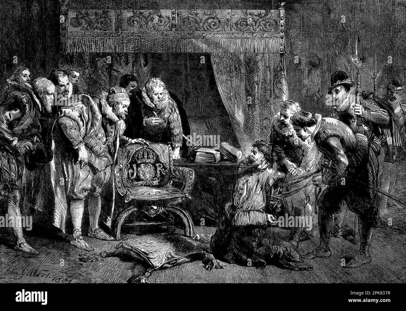 Sir John Gilbert's (1817-1897) illustration of Guy Fawkes (1570-1606) being interrogated in the bedchamber of James I in Whitehall.  Fawkes admitted his intention to blow up the House of Lords, and expressed regret at his failure to do so. His steadfast manner earned him the admiration of King James, it did not however, prevent him from ordering that he be tortured, to reveal the names of his co-conspirators. Stock Photo