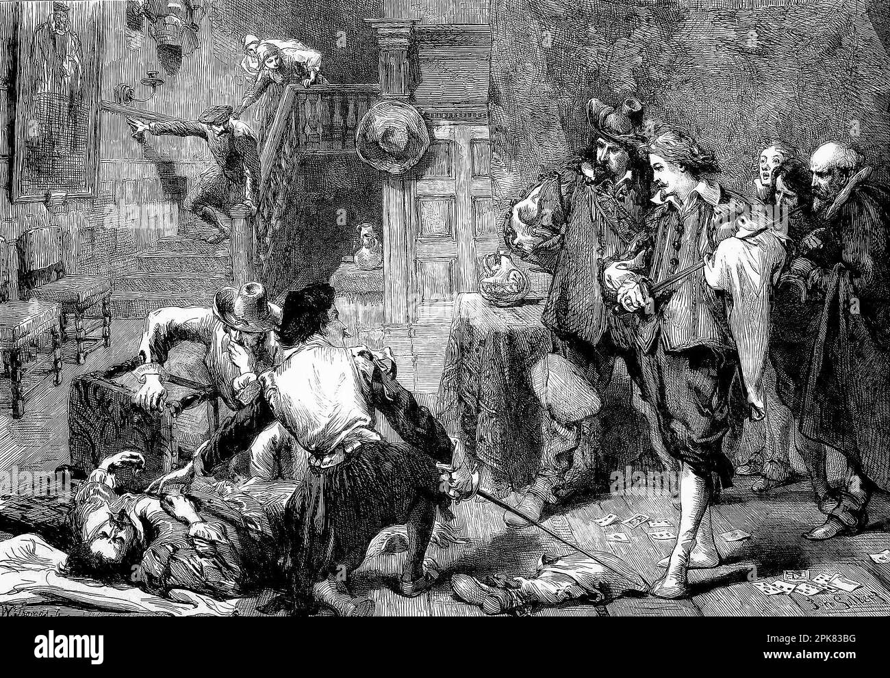 Sir John Gilbert's (1817-1897) medieval illustration of brawl in a tavern following a card game. Stock Photo