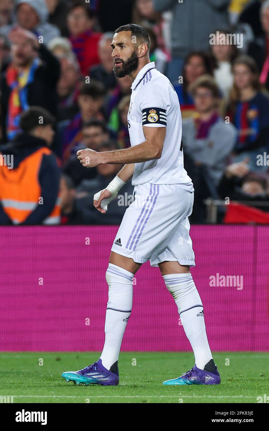 BARCELONA, SPAIN - APRIL 5: Karim Benzema of Real Madrid celebrate a goal  during the Semi Final Second Leg - Copa Del Rey match between FC Barcelona  and Real Madrid at the