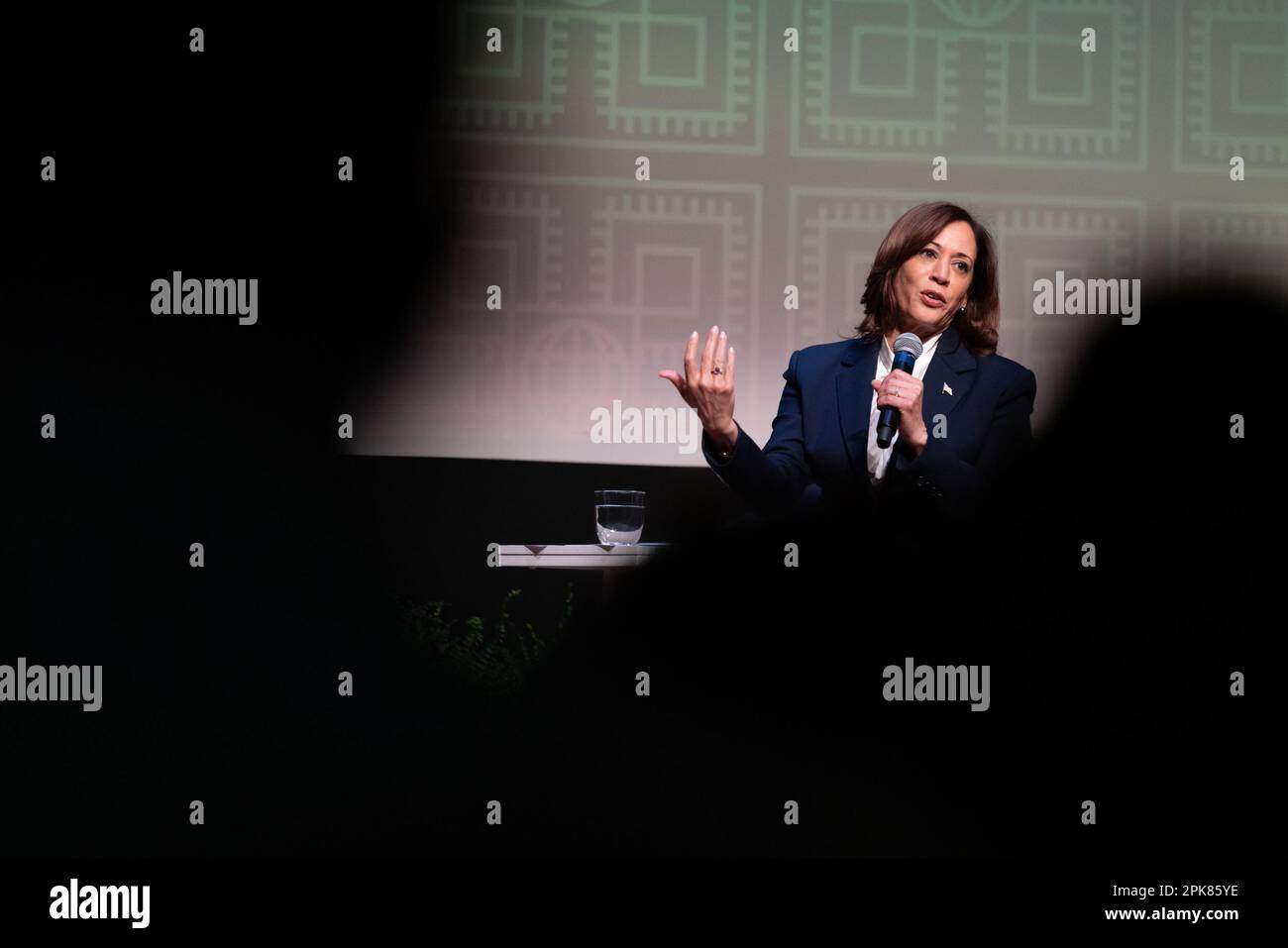 US Vice President Kamala Harris speaks during a conversation with Jessica Nabongo, author and world traveler, and Kevin Young, director of the National Museum of African American History and Culture (NMAAHC), at the NMAAHC in Washington, DC, US, on Wednesday, April 5, 2023. Harris's recent trip to Africa, at turns eliciting deep reflection from the historic US vice president, offered a chance for her to reconnect with Black Americans whose support is crucial for her and President Biden's looming reelection bid. Photographer: Cheriss May/Pool/Sipa USA Stock Photo