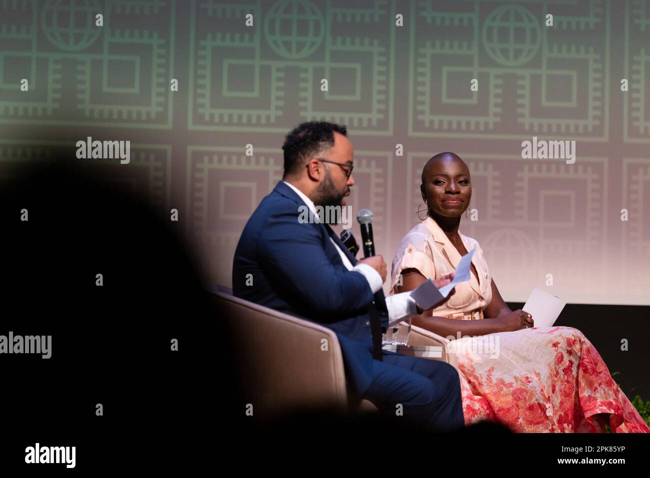 Jessica Nabongo, author and world traveler, Kevin Young, director of the National Museum of African American History and Culture (NMAAHC), have a conversation with US Vice President Kamala Harris during an event at the NMAAHC in Washington, DC, US, on Wednesday, April 5, 2023. Harris's recent trip to Africa, at turns eliciting deep reflection from the historic US vice president, offered a chance for her to reconnect with Black Americans whose support is crucial for her and President Biden's looming reelection bid. Photographer: Cheriss May/Pool/Sipa USA Stock Photo