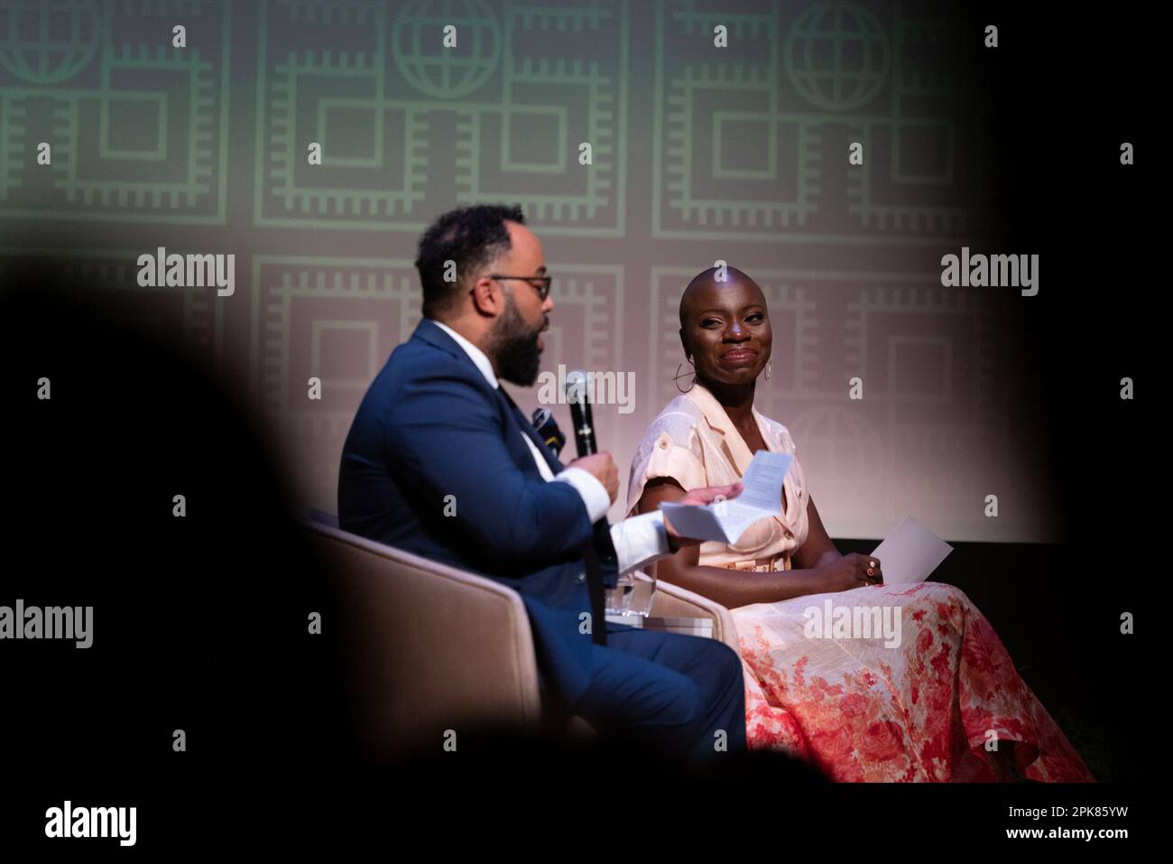 Jessica Nabongo, author and world traveler, Kevin Young, director of the National Museum of African American History and Culture (NMAAHC), have a conversation with US Vice President Kamala Harris during an event at the NMAAHC in Washington, DC, US, on Wednesday, April 5, 2023. Harris's recent trip to Africa, at turns eliciting deep reflection from the historic US vice president, offered a chance for her to reconnect with Black Americans whose support is crucial for her and President Biden's looming reelection bid. Photographer: Cheriss May/Pool/Sipa USA Stock Photo