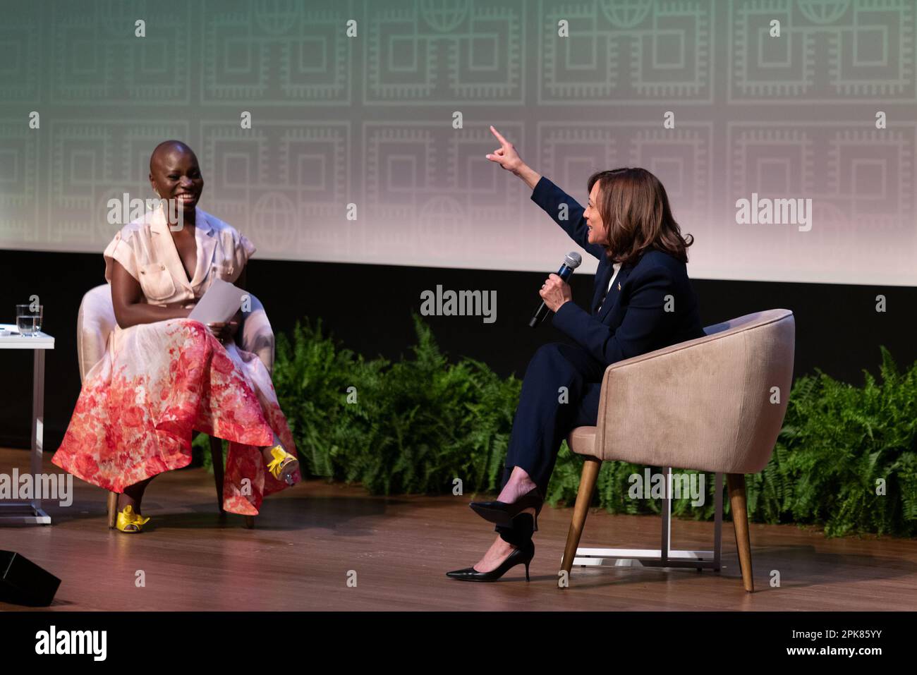 Jessica Nabongo, author and world traveler, Kevin Young, director of the National Museum of African American History and Culture (NMAAHC), have a conversation with US Vice President Kamala Harris during an event at the NMAAHC in Washington, DC, US, on Wednesday, April 5, 2023. Harris's recent trip to Africa, at turns eliciting deep reflection from the historic US vice president, offered a chance for her to reconnect with Black Americans whose support is crucial for her and President Biden's looming reelection bid. Photographer: Cheriss May/Pool/Sipa USA Stock Photo