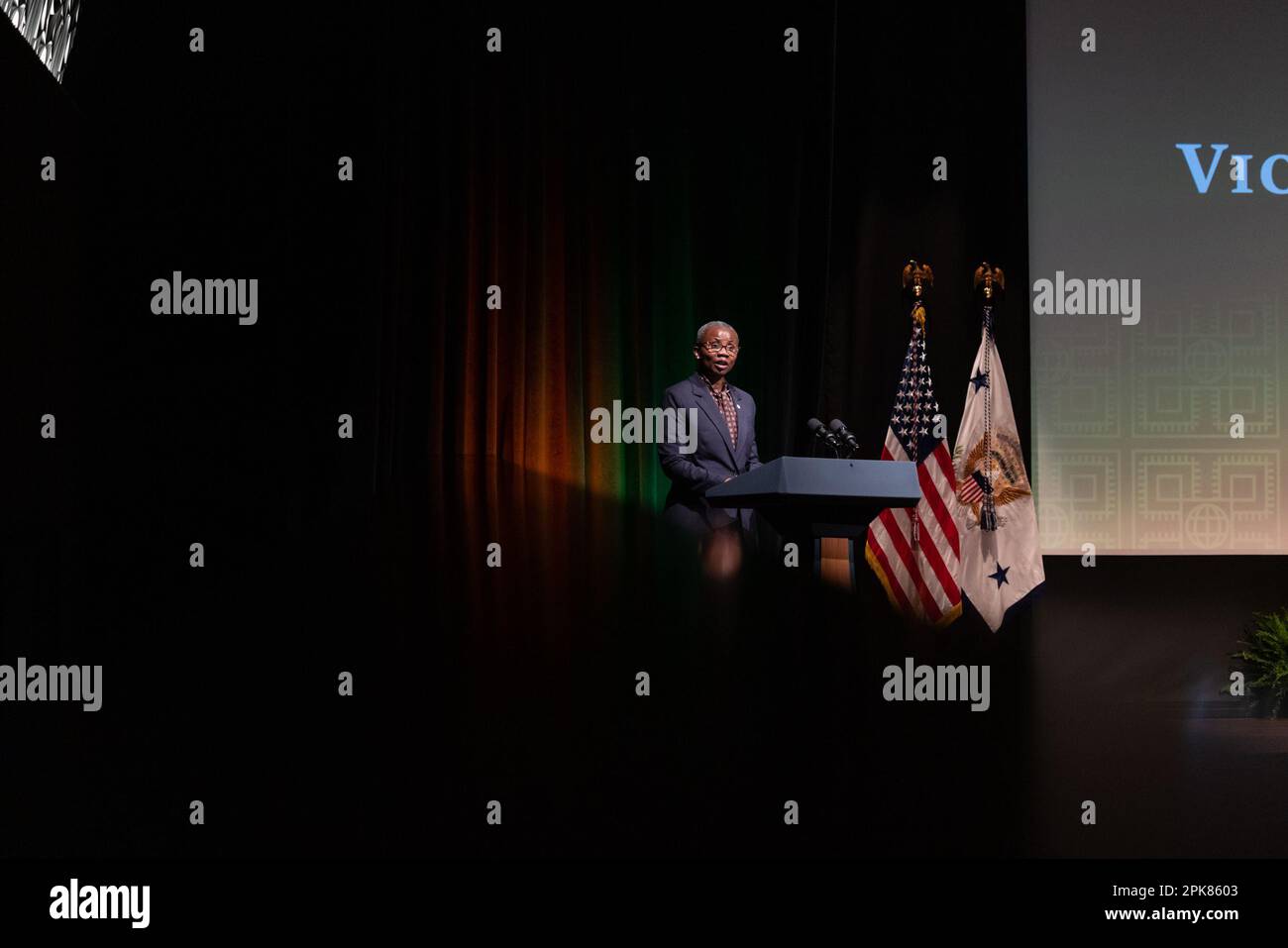 Dr. Monde Muyangwa, Assistant Administrator in the Bureau for Africa, speaks during an event with Jessica Nabongo, author and world traveler, Kevin Young, director of the National Museum of African American History and Culture (NMAAHC), in conversation with US Vice President Kamala Harris during an event at the NMAAHC in Washington, DC, US, on Wednesday, April 5, 2023. Harris's recent trip to Africa, at turns eliciting deep reflection from the historic US vice president, offered a chance for her to reconnect with Black Americans whose support is crucial for her and President Biden's looming re Stock Photo